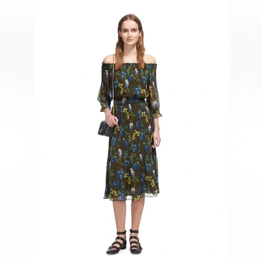Whistles Green Penelope Floral Pleated Midi Dress size 6